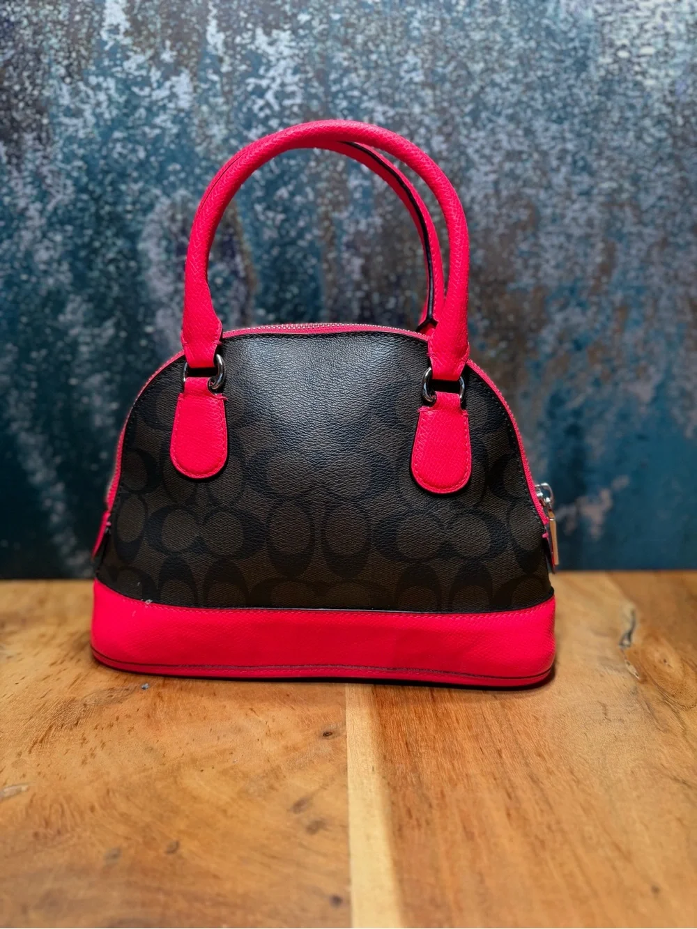 Coach Barbiecore 2014 Mini Cora Domed Satchel Brown Canvas Neon Pink